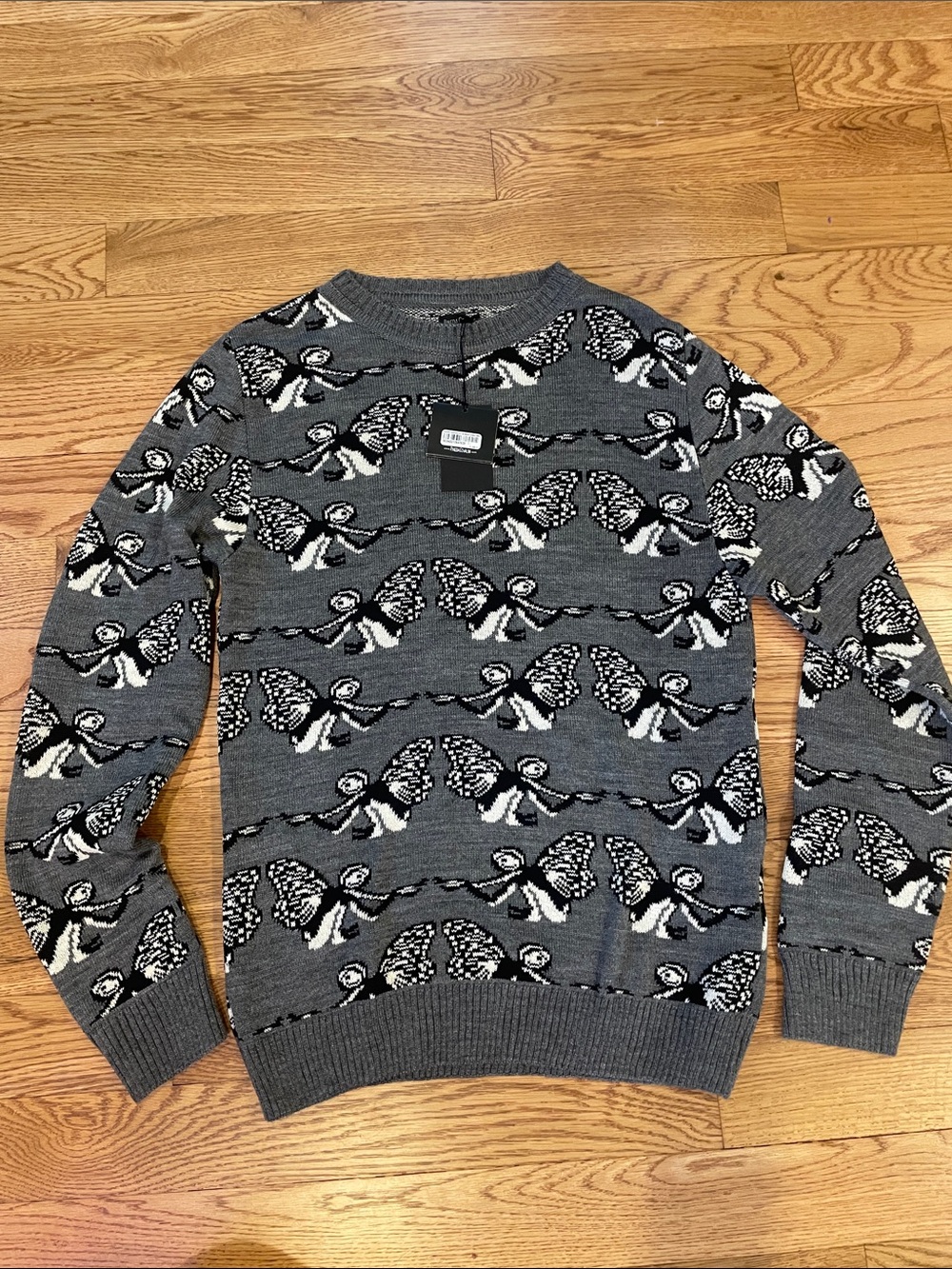 Pineda Covalin- NWT Gray Crewneck Sweater with Black & White Bird Motif
